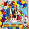 Cartoon 154Pcs Toys Inspired Story Birthday Decorations Including Balloon Arch, Backdrop, Tablecloth and Rocket Balloons, Toys Inspired Story Themed Birthday Party Supplies for Kids
