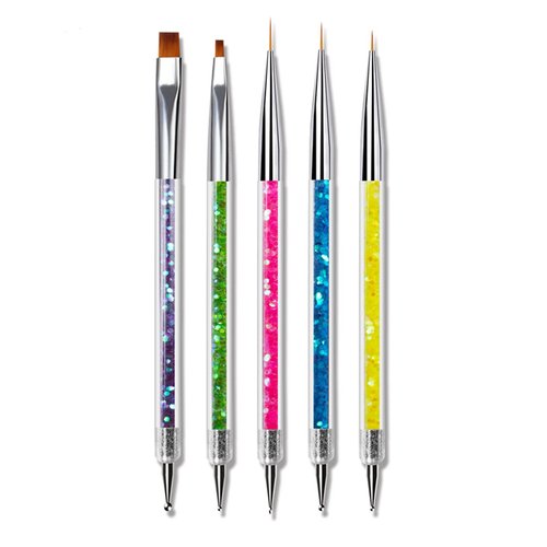 SINEN 5 Pcs Double Ended Nail Design Brushes Uv Gel Nail Brush Drill Manicure Pen Nail Polish Pen Interior Brush Tool Nail Painting Brush Pen Set for Home DIY and Salon with Shiny Handles