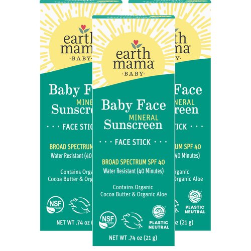 Earth Mama Baby Face Mineral Sunscreen Stick SPF 40 | Reef Safe, Non-Nano Zinc, Natural Water Resistant Sun Cream for Babies, Kids & Adults 0.74-Ounce, 3-Pack