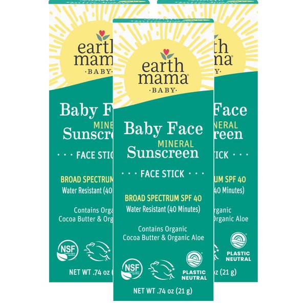 Earth Mama Baby Face Mineral Sunscreen Stick SPF 40 | Reef Safe, Non-Nano Zinc, Natural Water Resistant Sun Cream for Babies, Kids & Adults 0.74-Ounce, 3-Pack