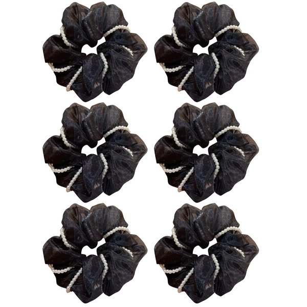 6 Pack Elegant Dance Pearl Bun Tuck Organza Hair Scrunchies for Girl Rich Tones Bun Covers Headdress Ties Ponytail Holders Hair Donut for Performance,Cheer,Birthday,Themed Party Festivals (Black)