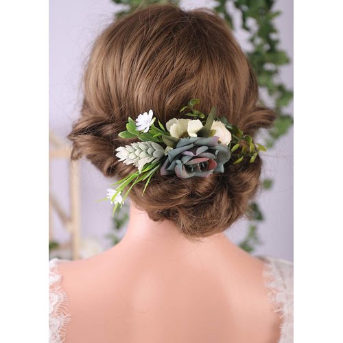 Anglacesmade Bridal Flower Hair Comb Navy Blue Rose Blush Daisy Eucalyptus Greenery Headpiece for Rustic Wedding Photo Shoot Prom Party Festival