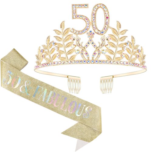 Chanaco 50th Birthday Sash and Crown for Women, 50 & Fabulous Birthday Tiara Set, 50th Birthday Party Favor, Birthday Party Decoration