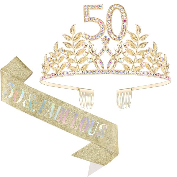 Chanaco 50th Birthday Sash and Crown for Women, 50 & Fabulous Birthday Tiara Set, 50th Birthday Party Favor, Birthday Party Decoration