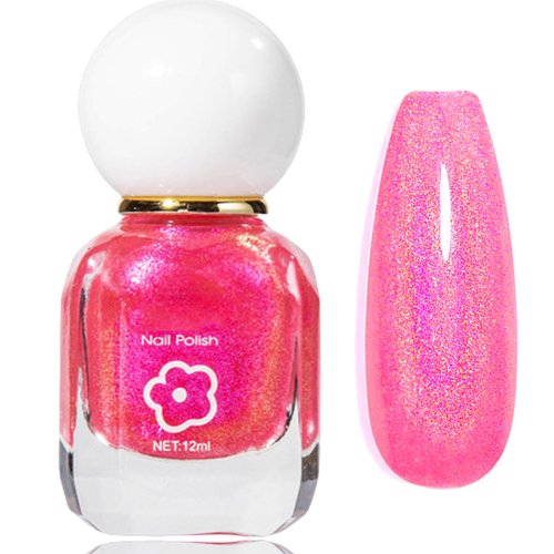 Hot Pink Glitter Holographic Nail Polish, Air Dry Sparkly Gel Nail Polish, Multi Chrome, Quick Dry Iridescent Nail Polish, Rose Reflective Glitter Gel Polish, Glittery Shiny Bright Color, 12ML