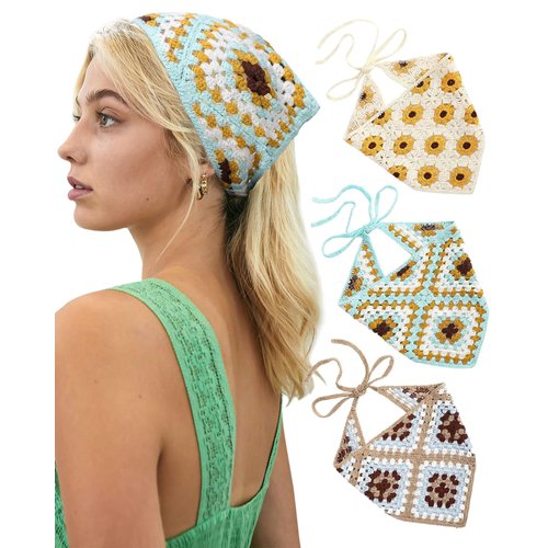 Molans Floral Bandanas Crochet Hair Scarf - 3Pcs Women Knitted Headscarf Daisy Headband Vintage Head Kerchief for Girls