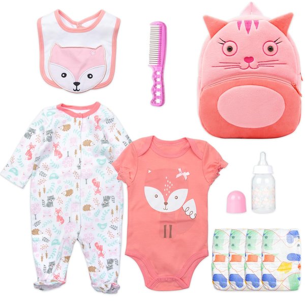 10 Pieces Reborn Baby Doll Clothes Red Fox Accessories Set for 17-22 inch Baby Doll Clothing with Backpack Gift Set
