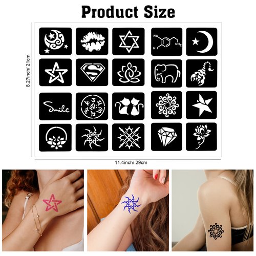 Qpout Tattoo Stencils For Kids Adults, 16 Sheets Henna Tattoo Stencil Kit, Small and Big Tattoo Stencils Designs, Tattoo Stencils for Real Tattoos, Skeleton Spider Owl Flower Butterfly Tribal Totem
