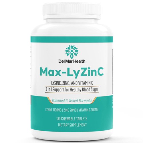 Del Mar Health Max-LyZinC: L-Lysine 1100mg + Zinc 6 mg + Vitamin C 100 mg - 3-in-1 Supplement for Maintaining Blood Sugar Already in The Healthy Range - 180 Chewable Tablets / 30-Day Supply