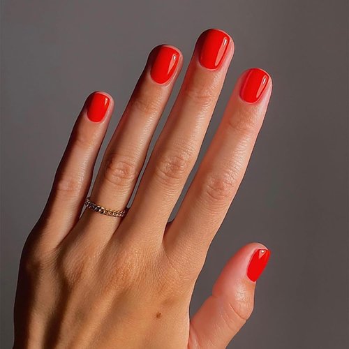 Short Press on Nails Orange-Red Square Fake Nails Glossy Solid Color Short Nails Elegant Short Fa...