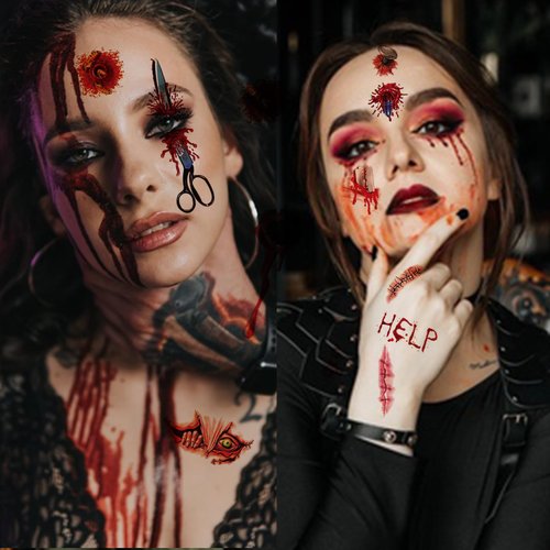 Generic 10 Sheets Halloween Temporary Tattoos Stickers Fake Bloody Wound Stitch Scar Scab Zombie Masquerade Prank Party Women Adults Face Body Makeup Props