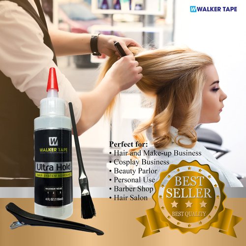 Walker Tape Co. 4fl oz Nozzle Top Ultra Hold Bold Hold Waterproof Adhesive w/Brush Applicator & Hair Clip (Black) Bundle Saver Pack | Wigs Weave Front Super Bonding Glue Active Lace Liquid Glue