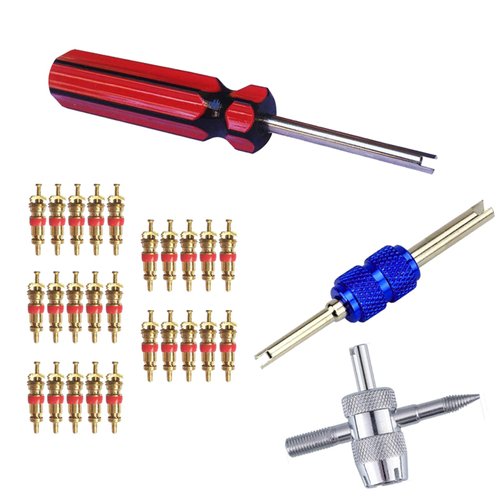 Febrytold 3 Pcs Tire Valve Core Remover Tools with 25 Pcs Brass Valve Stem Cores, 4-Way Valve Stem Core Tool, Dual & Single Head Tire Valve Core Remover Installer Tools