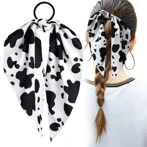 Mxxipp Cow Print Hair Band for Women, Non-Slip Rabbit Bunny Ear Bow Hair Tie Ropes, Elastic Bowkn...