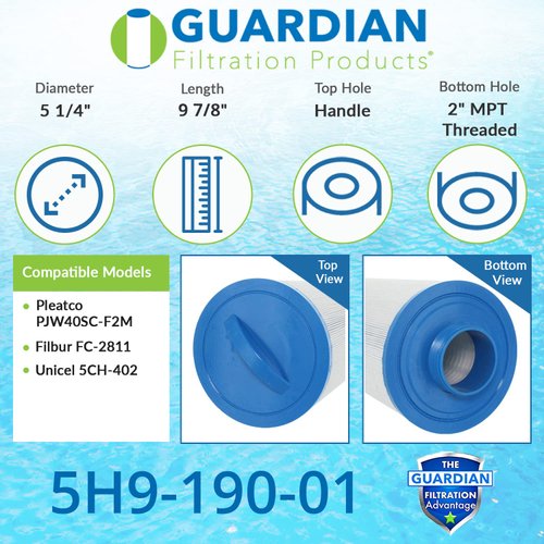 Guardian Filtration Products Spa Filter Cartridge 5H9-190-01 Replacement for 5CH-402 PJW40SC-F2M,FC-2811. CompatibleReplacement for Sundance, Del Sol Pool