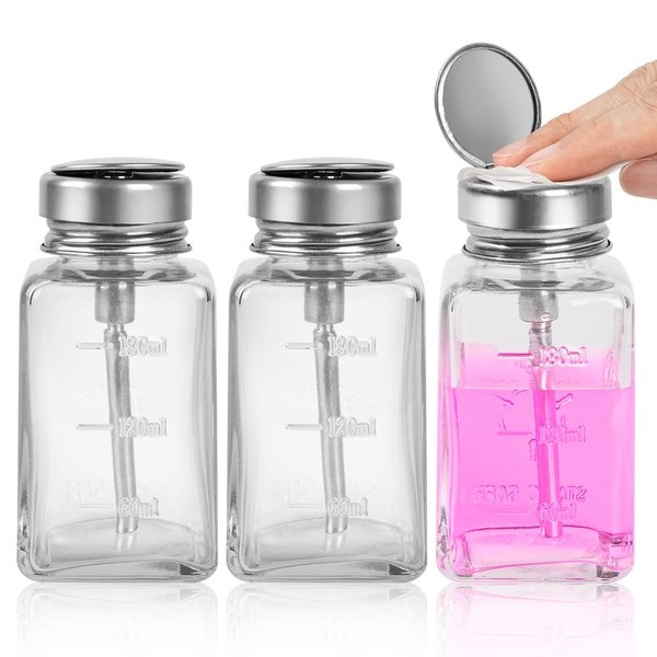 Alcohol Bottle Pump Dispenser Remover Polish Containers- Clear Bottle with Metal Flip Cover 180ml/6 oz, Empty Pump Bottle Dispenser Travel Size for Nail Polish and Makeup Remover Pump Bottle Dispenser