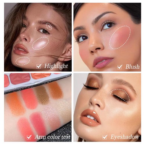 8 Colors Blusher Highlighter Makeup Palette, Waterproof Natural Matte blush Waterproof Shimmer Highlight Bronzer Pink Eyeshadow Make up for Cheeks (Highlighter & Blusher)