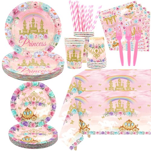 Princess Birthday Party Decorations Serves 20 Guests, Including Dinner Plates, Dessert Plates, Cups, Napkins, Forks, Tablecloth, Straws, for Girls Princess Birthday Baby Shower Party Decorations