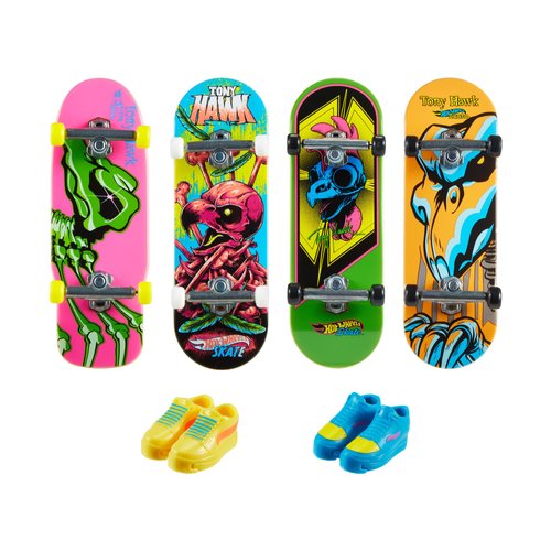 Hot Wheels Skate Neon Bones Tony Hawk-Themed Fingerboard and Shoes, Finger Skateboard and Removable Skate Shoes Designed in Collaboration with Tony Hawk