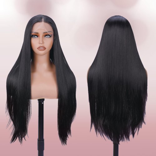 13x4 Synthetic Lace Front Wig Long Straight Hair Wig For Black Women 26 inch Hd Lace Front Wigs Glueless Synthetic Pre Plucked Wig Synthetic Wig For Daily Use Ready To Wear Natural Color(1B)
