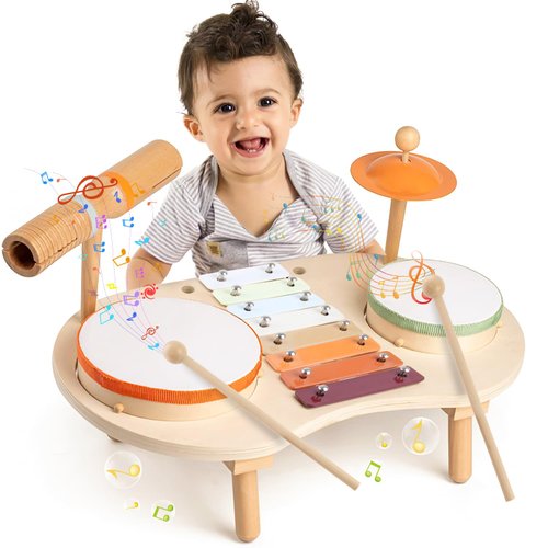 Drum Set for Toddlers 1-3 Year Old Boys Girls Baby Wooden Musical Instruments Drumset for Ages 12 Months Kids Montessori Preschool Educational Music Sensory Toys 1 2 3-5 Birthday