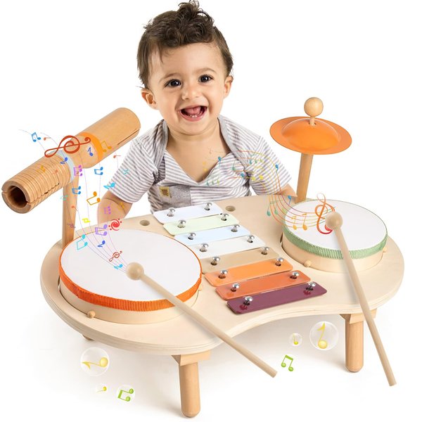Drum Set for Toddlers 1-3 Year Old Boys Girls Baby Wooden Musical Instruments Drumset for Ages 12 Months Kids Montessori Preschool Educational Music Sensory Toys 1 2 3-5 Birthday