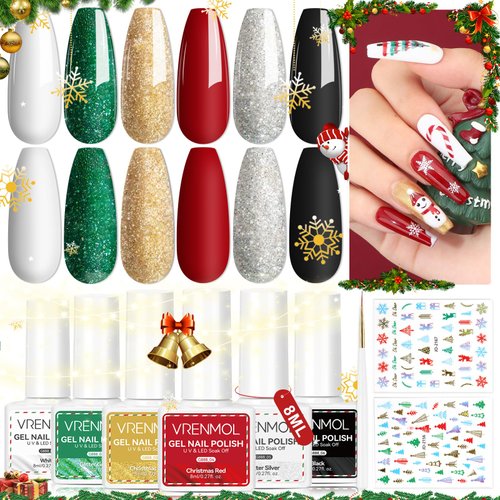 vrenmol Christmas Gel Nail Polish Set: 6 Colors Glitter Gel Polish 0.27oz Red Green Gold Silver Soak-off LED Gel Nail Polish Kit with Nail Art Stickers Nail Liner for Home Salon Manicure Design DIY