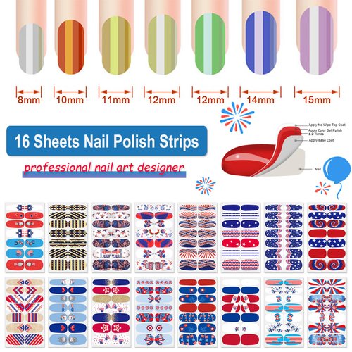 DANNEASY 16 Sheets 4th of July Independence Day Nail Polish Stickers Full Nail Wraps Self Adhesive Nail Polish Strips Gel Fingernail Sticker Nails for Women with Nail File, Cuticle Stick