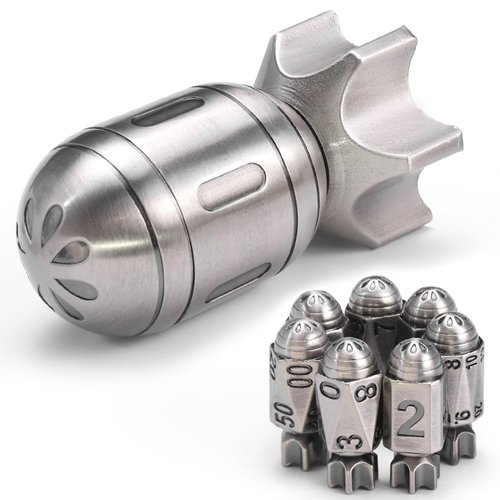 FONVGOGO Missile Metal DND Dice Set of 7 with Spinning Missile Shaped Container, Cyberpunk Unique Cool Bullet D&D Dice for Dungeons and Dragons Sci-Fi Warhammer 40K War Crime Theme Games (Sliver)