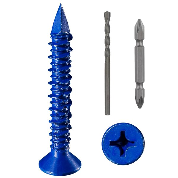 WenSilon(100 PCS) 3/16"x1-3/4 Concrete Screw Anchor Blue Flat Head for Anchoring to Masonry, Block or Brick Stucco