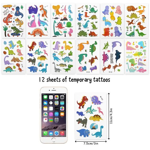 Temporary Tattoos for Kids,12 Sheets Dinosaur Themed Children’s Temporary Tattoos Waterproof Sticker for Girls Boys Kids Halloween Christmas Birthday Supplies Favors