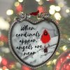 Memorial Cardinal Sun Catcher - When Cardinals Appear Angels are Near Saying - Heart Shaped Glass Sun Catcher with Cardinals and Winter Scene. Measures 4 ¼” H x 4” W.