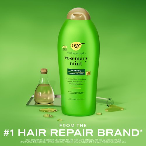OGX Clarifying Strength + Rosemary Mint Shampoo, Clarifying Shampoo Visibly Helps Remove Oil & Residue to Clear Away Buildup from Oily Hair, Sulfate-Free Surfactants, 25.4 fl. Oz