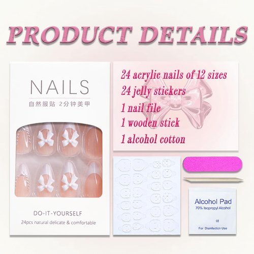 Cute Press on Nails Short Almond MABKJLF French Tip Fake Nails Nude Full Cover Pearl Bow Charm False Nails with Designs Glossy Glue on Nails Petite Acrylic Nails Artificial Nails for Women Girls 24Pcs