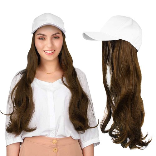 Fashionable White Baseball Cap Hat Wig Baseball Hat with Hair Attached Wigs Long Curly Hairpiece Hairpiece Cap Hair Extensions for Women(03)