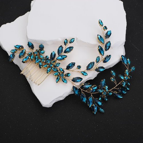 Teyglen Crystal Wedding Headpiece Flower Rhinestone Bridal Hair Comb Headband Hair Accessories for Bride Handmade Green Crystal Hair Piece Bridal Side Comb for Women Girls (Peacock Green)
