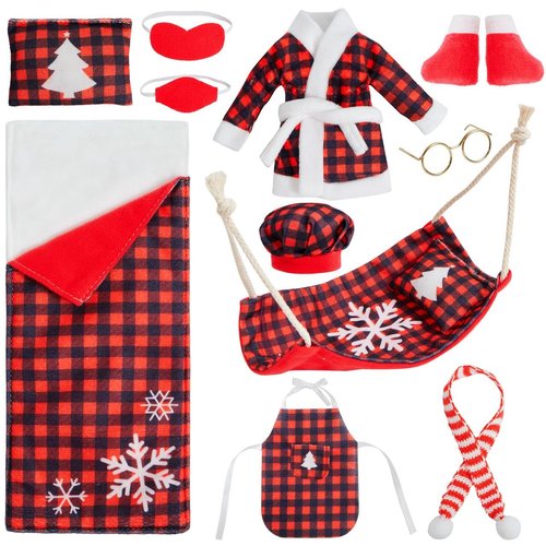 JOYIN 11 PCS Sleeping Bag Christmas Accessory for Doll Include Christmas Doll Sleeping Bag, Apron Hat Bathrobes Shoes Hammock Eye Mask Face Mask Scarf Pillow Glasses for Christmas Doll Supplies