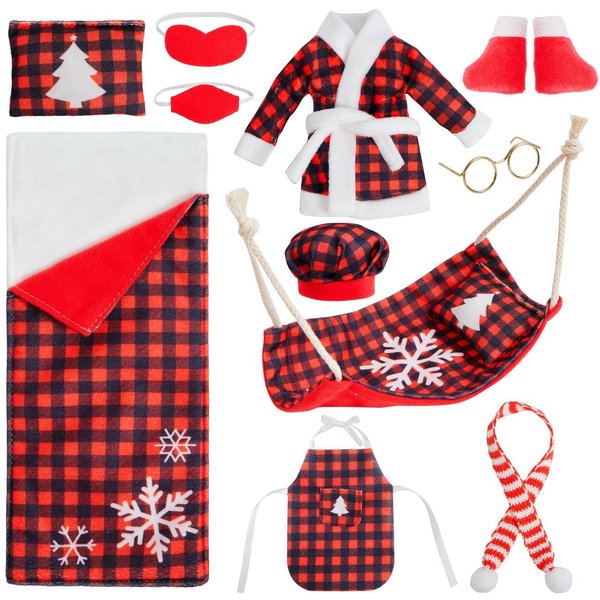 JOYIN 11 PCS Sleeping Bag Christmas Accessory for Doll Include Christmas Doll Sleeping Bag, Apron Hat Bathrobes Shoes Hammock Eye Mask Face Mask Scarf Pillow Glasses for Christmas Doll Supplies