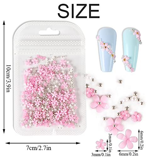3D Flower Caviar Beads Nail Art Decals Charms for Nails, White Pink 3D Acrylic Flower Nail Charms with Pearl Golden Caviar Beads for Women DIY Manicures Salon Accessories