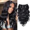 Brazilian Virgin Body Wave Clip in Human Hair Extensions 8Pcs/lot 120g With 18 Clips 100% Unprocessed Body Wave Clip in Hair Extension Real Human Hair Natural Black Color For Black Women (16Inch)