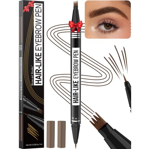 Microblading Eyebrow Pen - Eyebrow Pencil Magical 2-in-1 Dual-Ended Waterproof Eye Brow Pencils for Women with 4-Fork-Tip & Precise Brush-Tip for Natural Hair Like Strokes, Last All-Day, Dark Brown