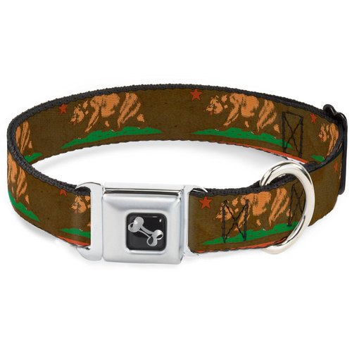Dog Collar Seatbelt Buckle California Flag Weathered Browns 9 to 15 Inches 1.0 Inch Wide
