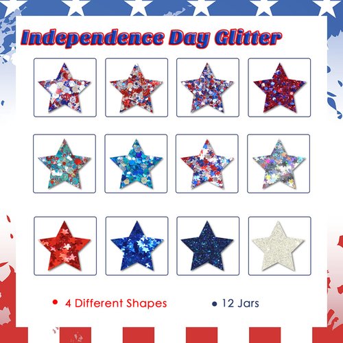 Laza Independence Day Nail Art Glitters 12 Colors Red Blue Silver Fine Powder Chunky Star Sequins Hexagon Confetti 4th of July Nail Decals Festival Polish Nail Art Supplies - Colorful Holiday