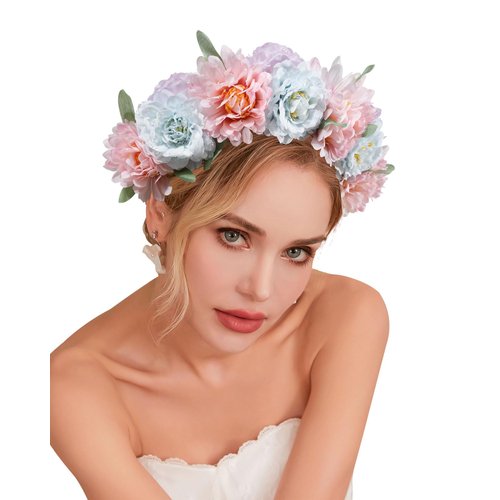 CHLINS Boho Floral Headbands for Women Double Sided Flower Crown Headband Non Slip Wide Hairband Flower Headpiece for Wedding Party Birthday (Pink purple blue)