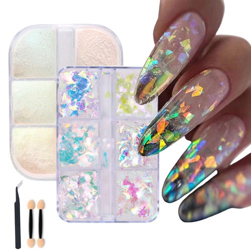 GZMAYUEN 6 Colors Chrome Nail Powder Metallic Mirror Effect White Pearl Chrome Powder for Nail Art, Mermaid Flake Nail Glitter Sequins Colorful Fluorescent Glass Paper Nail Decoration