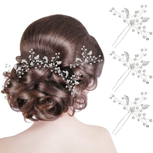WILLBOND 8 Pcs Bride Wedding Pearls Hair Pins Bridal Leaf Flower Hair Pins Wedding Hair Accessories Rhinestone Bridesmaid Hair Pieces for Women(Silver)