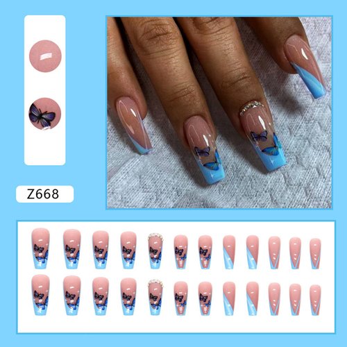Ballerina French Tip Press on Nails Medium Length, Square Blue Butterfly Design Fake Nails Nude With Rhinestones False Nails Full Cover Glue on Nails Acrylic Artificial Nails stick on Nails 24Pcs