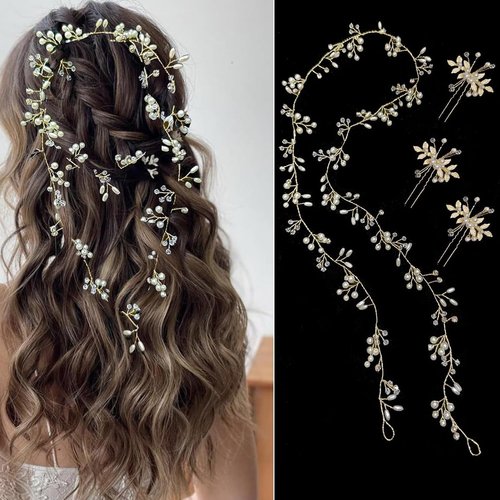 4 Pcs Bride Wedding Headpiece with 1 Crystal Hair Vine & 3 U-Shaped Pearls Hair Pins Bridal Elegant Handmade Hair Accessories for Women Girls, Yellow