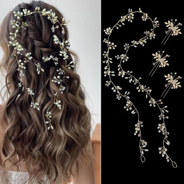 4 Pcs Bride Wedding Headpiece with 1 Crystal Hair Vine & 3 U-Shaped Pearls Hair Pins Bridal Elegant Handmade Hair Accessories for Women Girls, Yellow