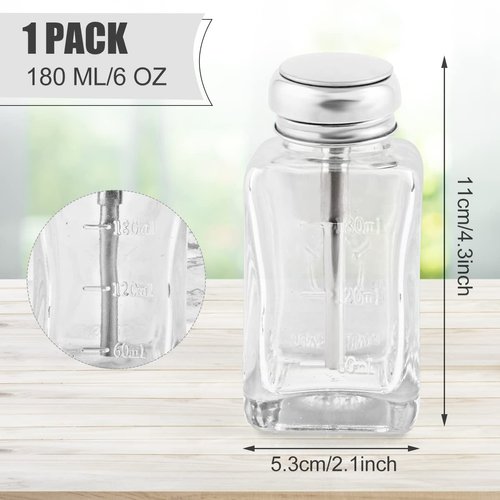 180 ml/6 oz Clear Glass Push Down Dispenser Bottle Refillable Square Pump Dispenser Bottle Container with Metal Flip Cap for Alcohol Liquid Nail Polish Remover Makeup Remover Toner